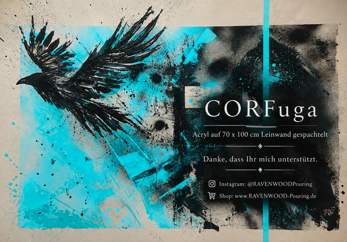 CORFuga: Abstraktes Rabenbild in Türkis, Schwarz & Beige | Acryl gespachtelt auf Leinwand