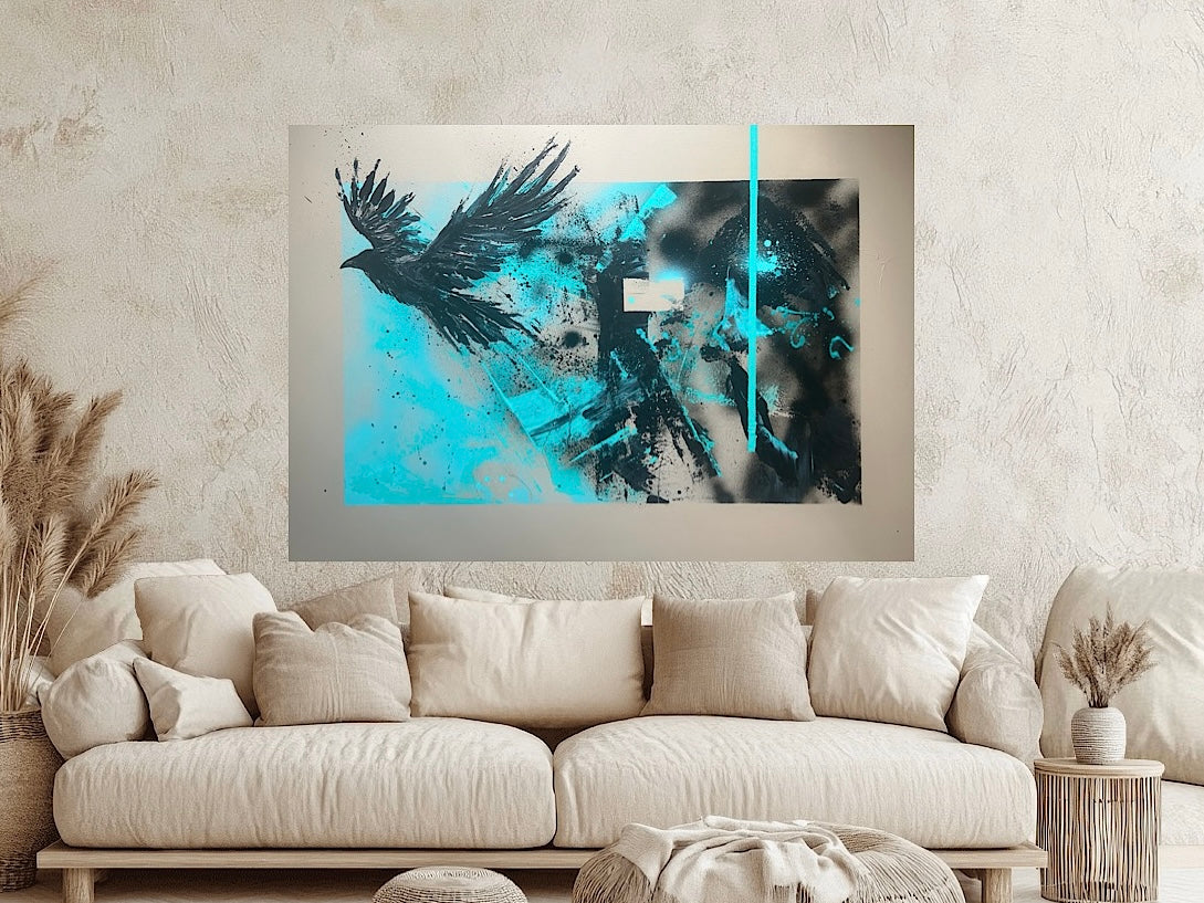 CORFuga: Abstraktes Rabenbild in Türkis, Schwarz & Beige | Acryl gespachtelt auf Leinwand