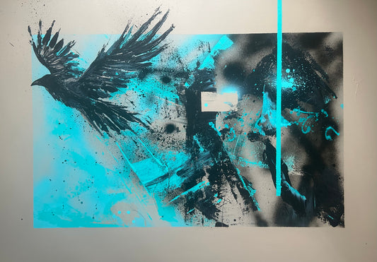 CORFuga: Abstraktes Rabenbild in Türkis, Schwarz & Beige | Acryl gespachtelt auf Leinwand