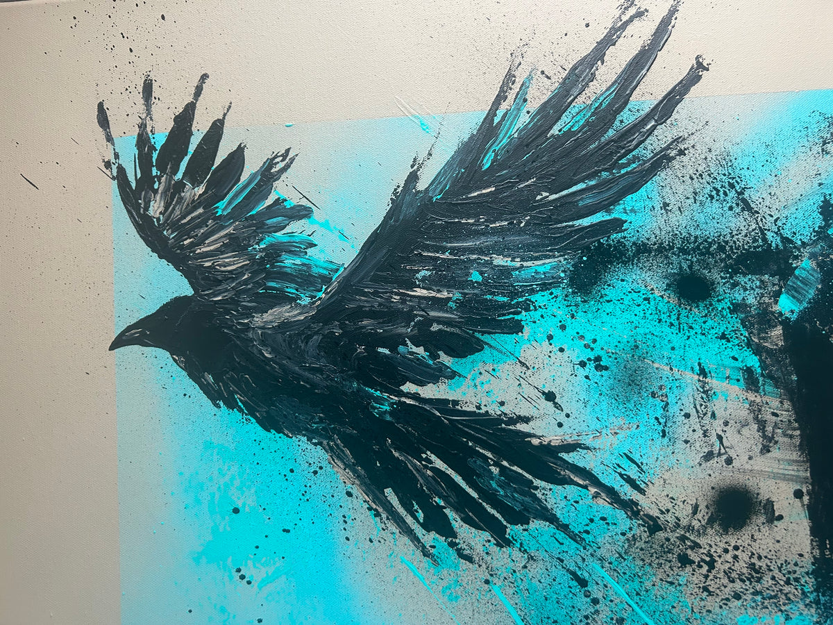 CORFuga: Abstraktes Rabenbild in Türkis, Schwarz & Beige | Acryl gespachtelt auf Leinwand