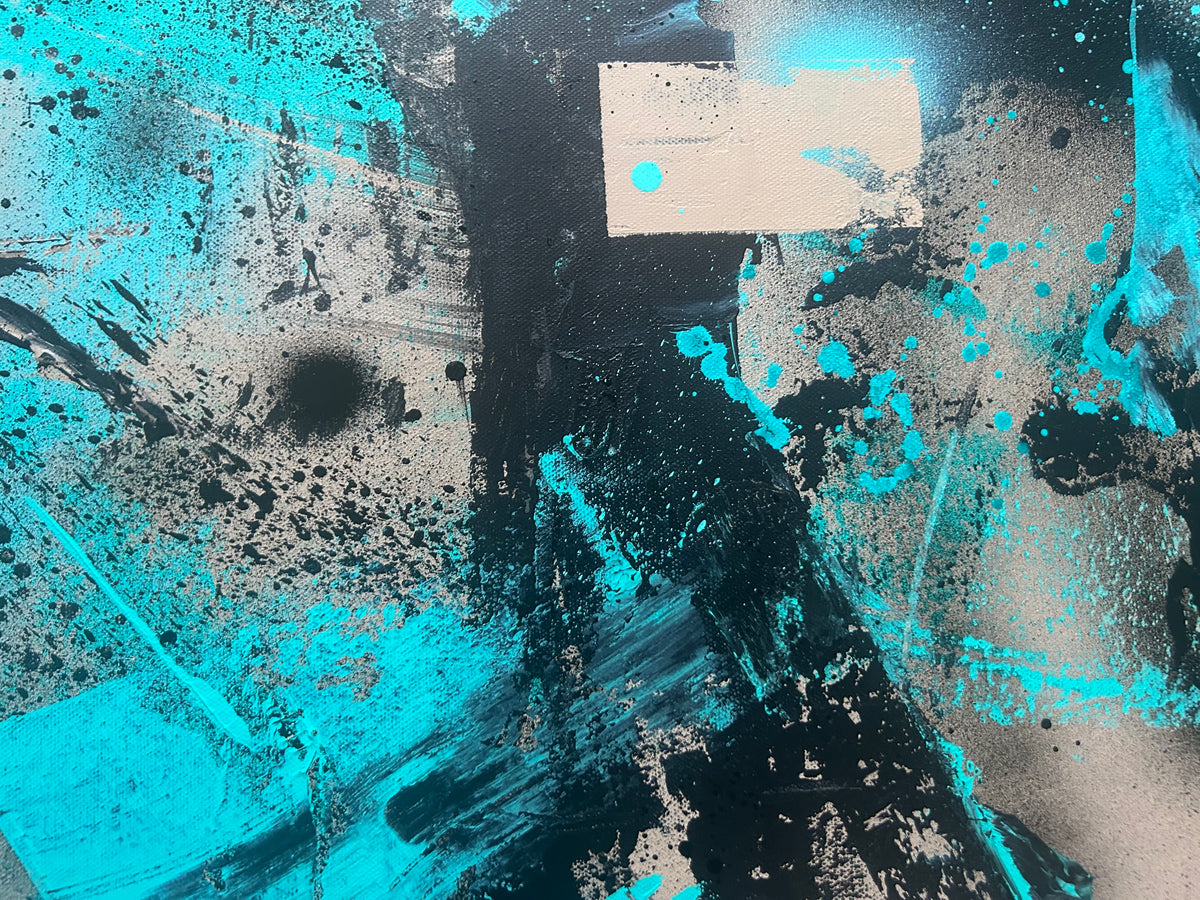 CORFuga: Abstraktes Rabenbild in Türkis, Schwarz & Beige | Acryl gespachtelt auf Leinwand