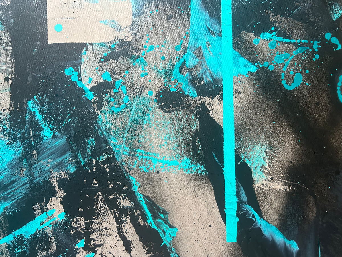 CORFuga: Abstraktes Rabenbild in Türkis, Schwarz & Beige | Acryl gespachtelt auf Leinwand
