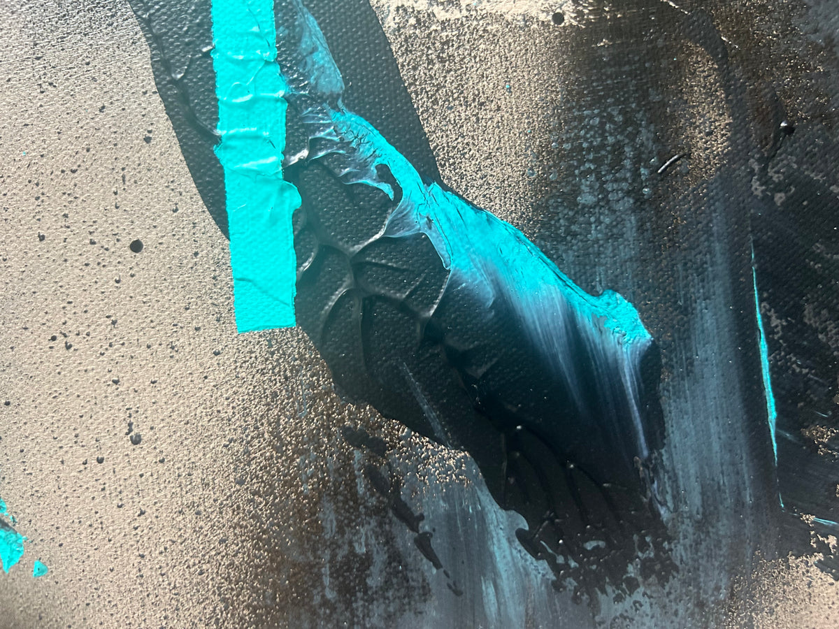 CORFuga: Abstraktes Rabenbild in Türkis, Schwarz & Beige | Acryl gespachtelt auf Leinwand